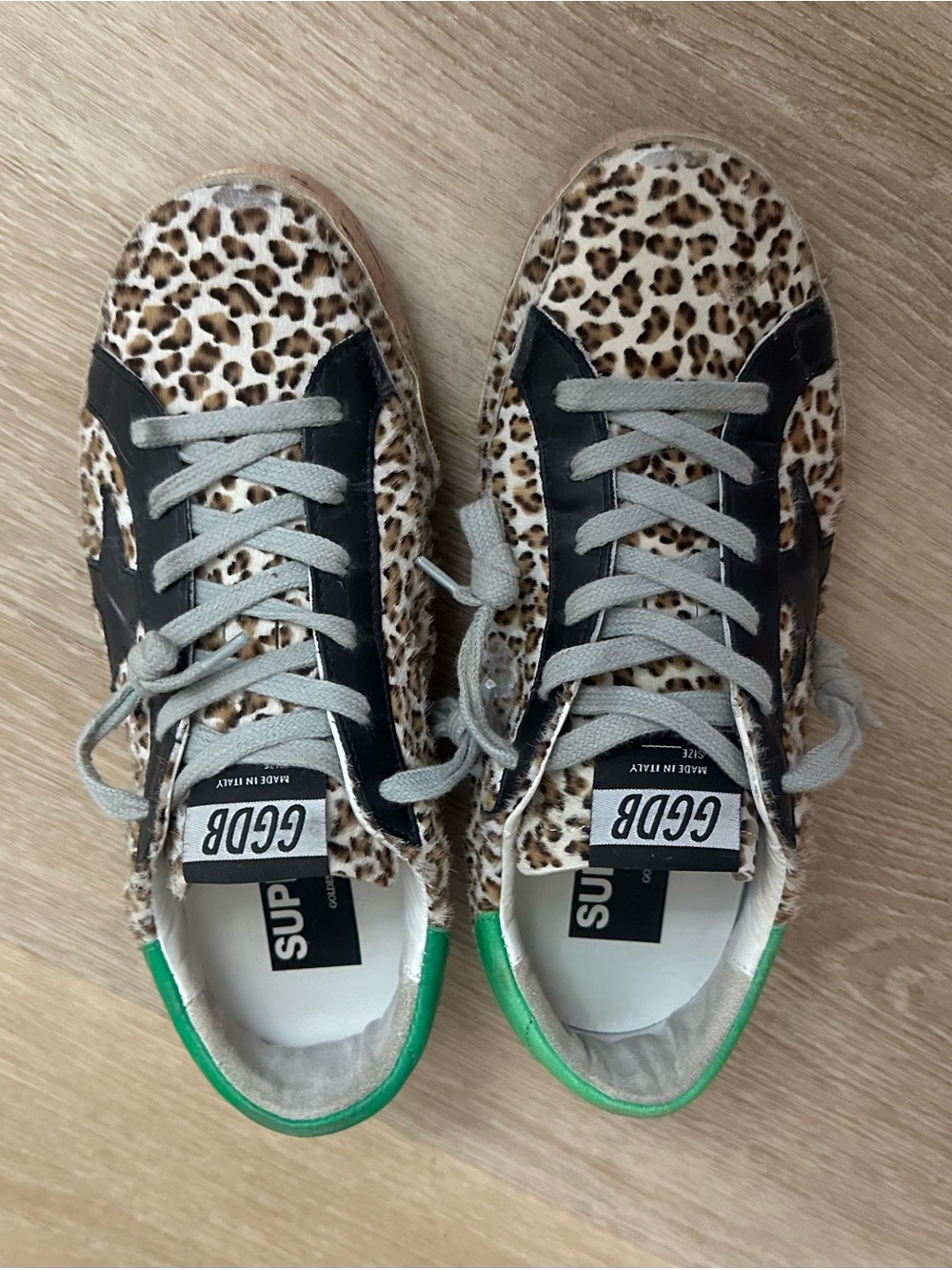 Golden Goose GGDB Super Star Leopard Pony Hair Sneakers Green Heel Tab EU 37 - Picture 4 of 12